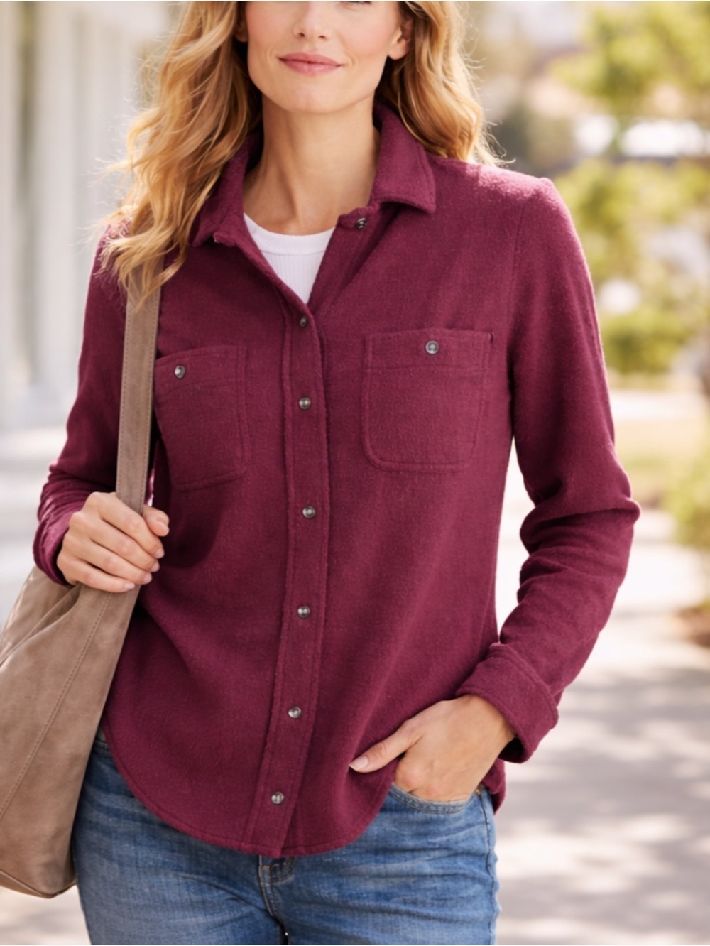 Faherty Brushed Knit Button Up Shirt Burgundy Cozy Soft Top Small